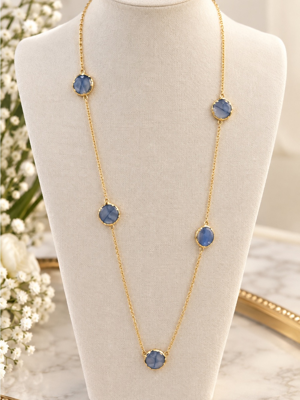 Hand made Turkish Gold Long Necklace with Blue Stone Accents - Women Jewelry